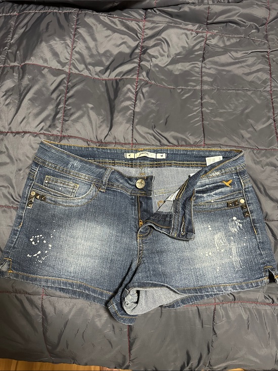 Grane Pants - Grane Distressed Blue Denim Jean Shorts with Stud Details